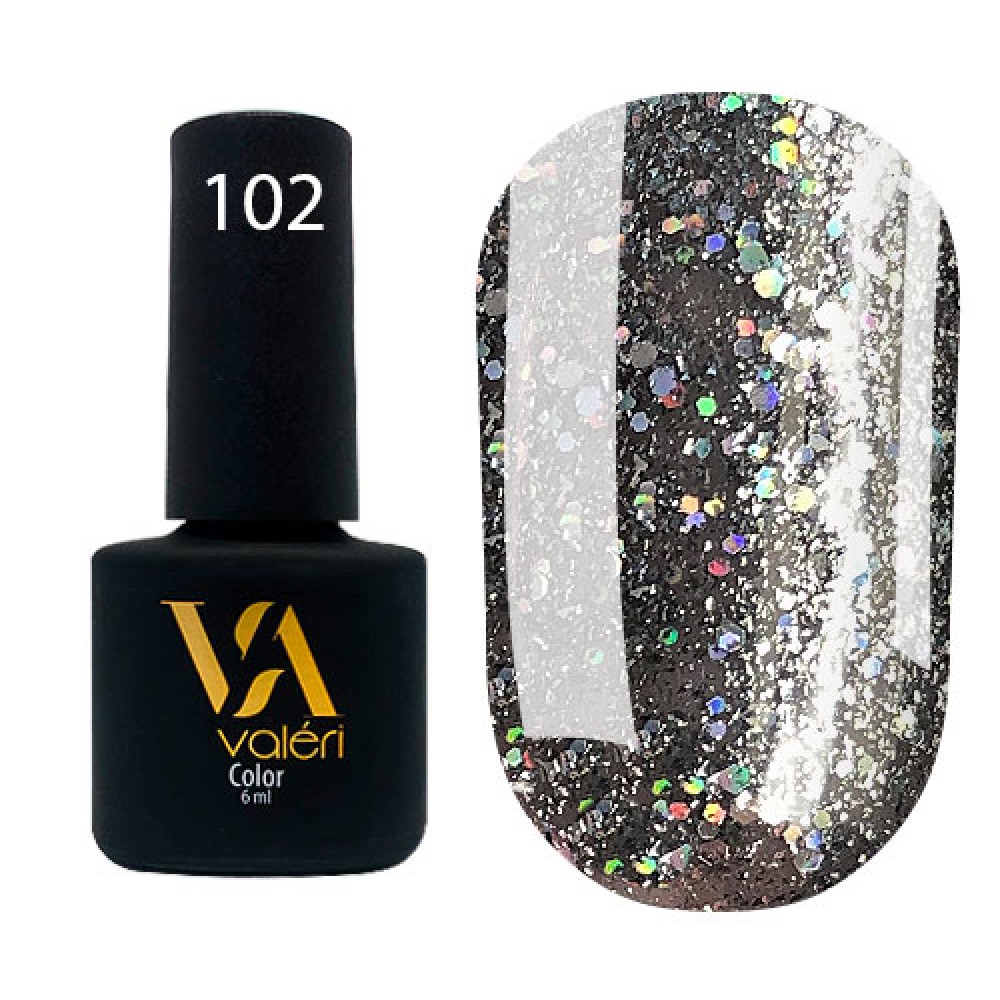 Гель-лак Valeri Color № 102 (темно-серый с голографическими блестками), 6 мл