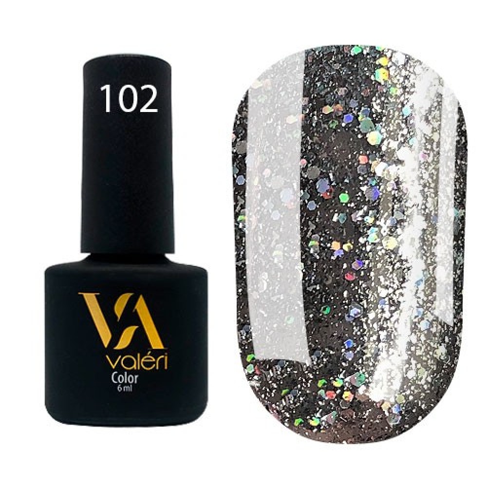 Гель-лак Valeri Color № 102 (темно-серый с голографическими блестками), 6 мл